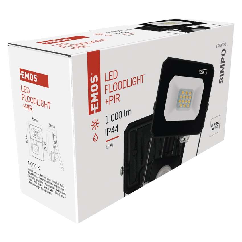 SIMPO LED prožektors ar kustības sensoru, 10 W, melns, neitrāli balts