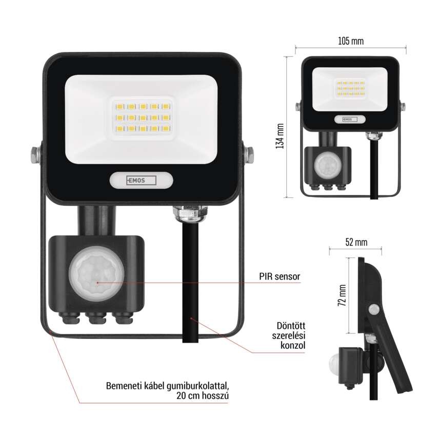 LED reflektor GLARO PIR 10 W, fekete, IP54, 1000 lm, természetes fehér