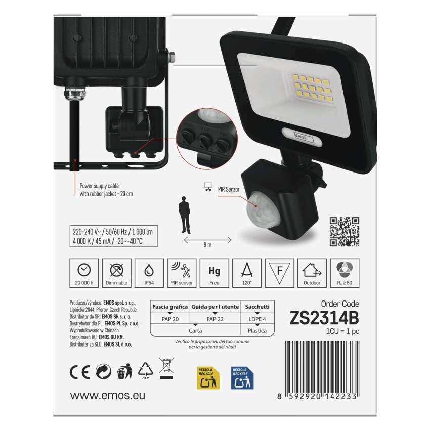 LED reflektor GLARO PIR 10 W, fekete, IP54, 1000 lm, természetes fehér