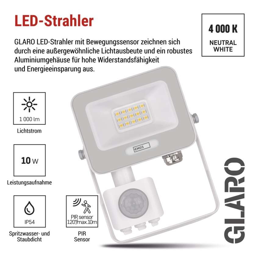 LED reflektor GLARO mit Bewegungssensor, 10 W,weiß, IP54, 1000 lm, neutralweiß