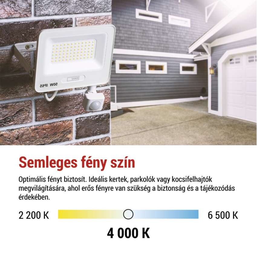 LED reflektor GLARO PIR 10 W, fehér, IP54, 1000 lm, természetes fehér