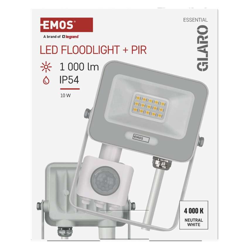 LED reflektor GLARO PIR 10 W, fehér, IP54, 1000 lm, természetes fehér