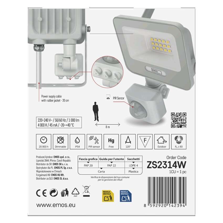 LED reflektor GLARO PIR 10 W, fehér, IP54, 1000 lm, természetes fehér