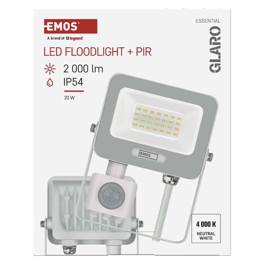 LED reflektor GLARO PIR 20 W, fehér, IP54, 2000 lm, természetes fehér