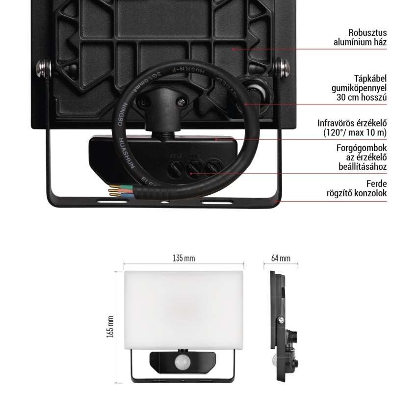 LED-es reflektor TAMBO mozgásérzékelővel, 20 W, 2000 lm, fekete