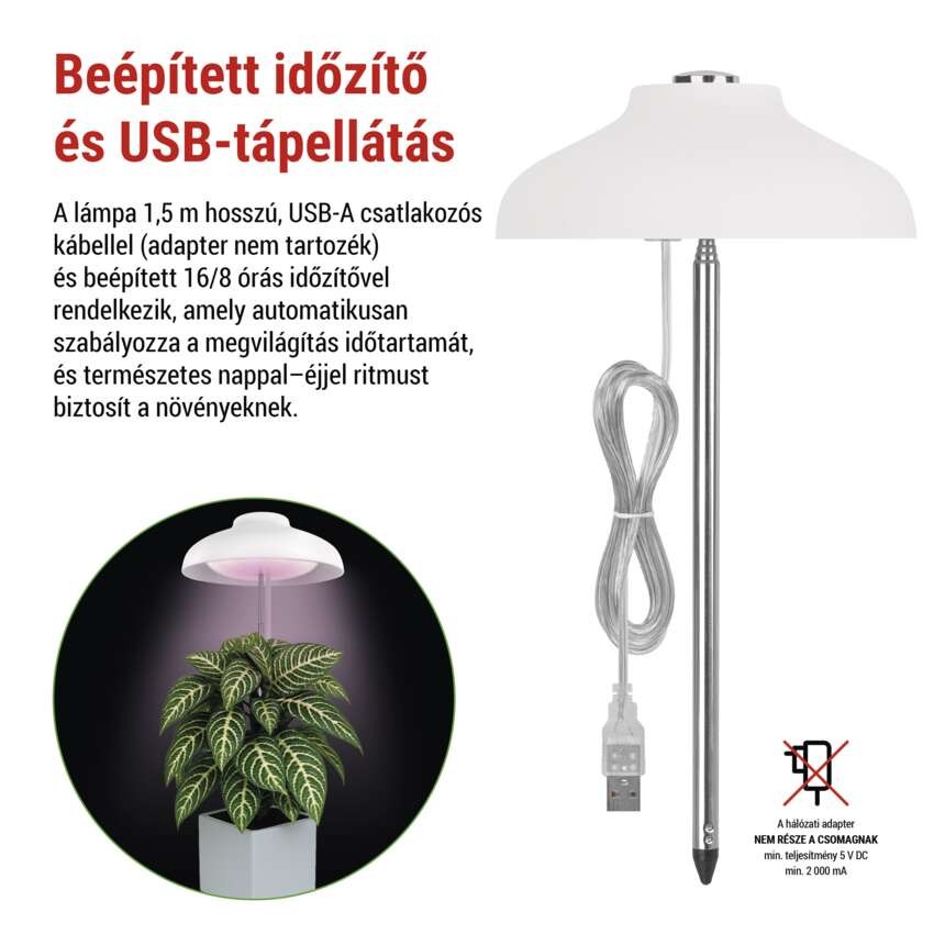 LED növénynevelő lámpa, teljes spektrum, 15 LED, beltéri, időzítővel