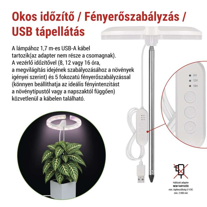 LED növénynevelő lámpa, teljes spektrum, 39 LED, beltéri, időzítővel, dimmelhető