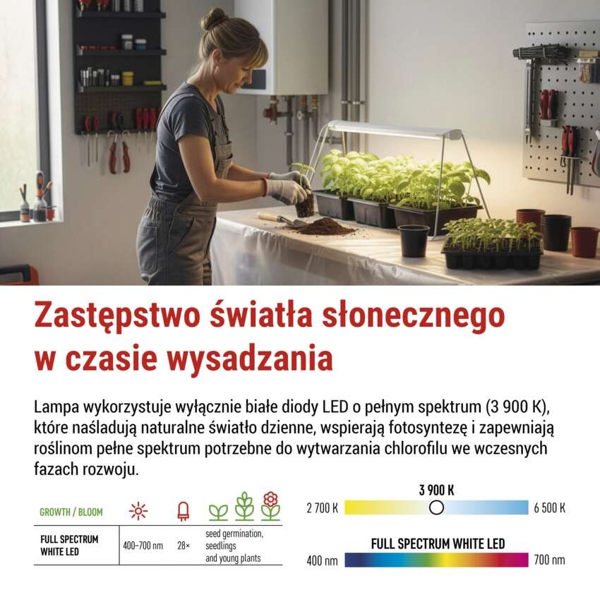 Lampa LED GROW do uprawy roślin - sadzonki 15 W, timer, biała