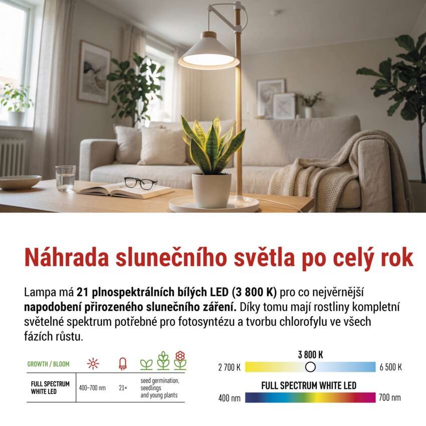 LED GROW pěstební lampa 7 W, časovač, bílá