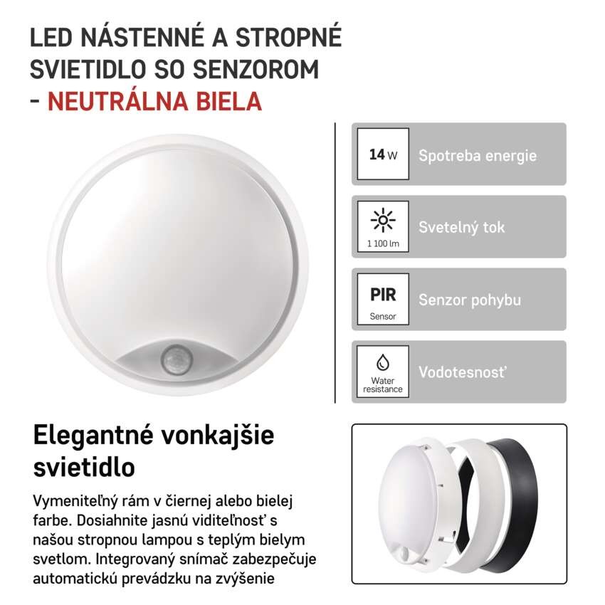LED prisadené svietidlo ZURI s pohyb. senz., kruhové č/b 14W n.b.