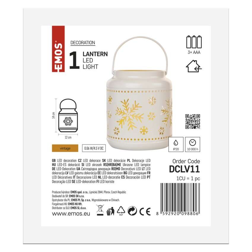 LED dekoracija – metalinis žibintas su snaigėmis, baltas, 14 cm, 3xAAA, vidaus, vintažinis