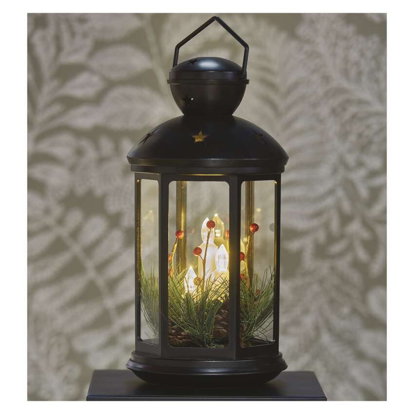 LED dekorácia – vianočný lampáš so sviečkami čierny, 35,5 cm, 3x C, vnútorný, vintage