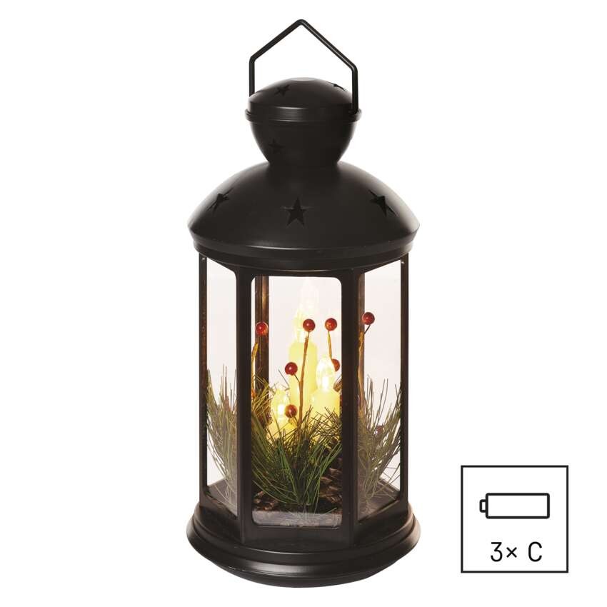 LED dekorácia – vianočný lampáš so sviečkami čierny, 35,5 cm, 3x C, vnútorný, vintage