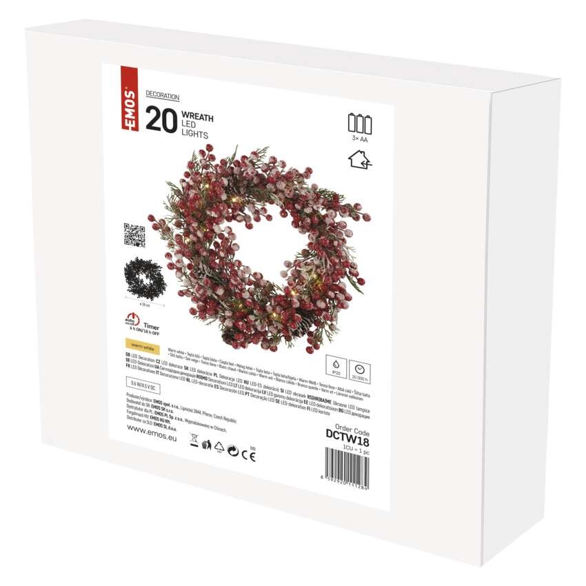 LED dekorēts Ziemassv. vainags, 38 cm, 3x AA, liet. iekštelpās, silti balts, ar taimeru