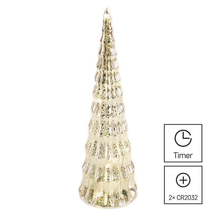 LED vianočný sklenený stromček, 27 cm, 2x CR2032, vnútorný, teplá biela, časovač