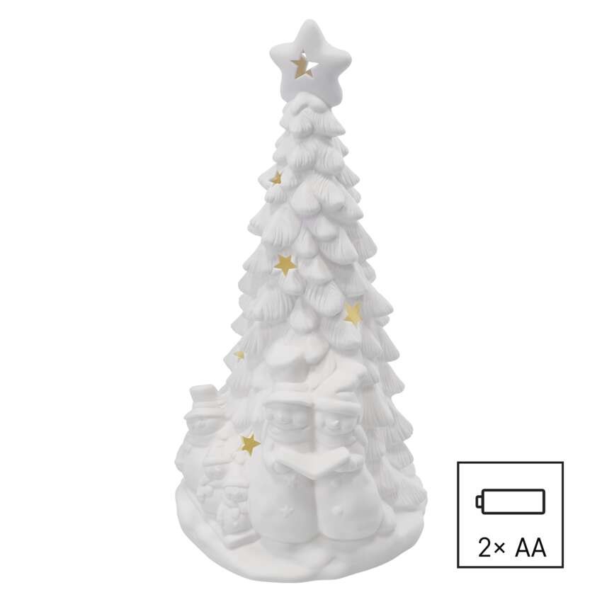 Keraminis LED medis su snieguolėmis, 33,5 cm, 2x AA, vidaus, šiltai balta