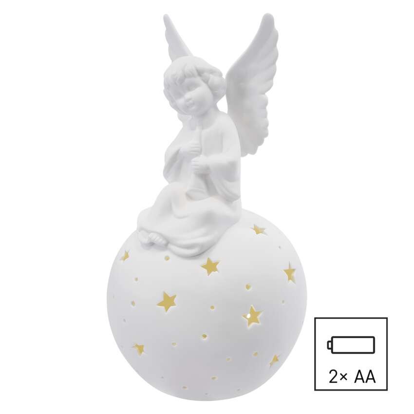 LED keramický anděl, 29 cm, 2x AA, vnitřní, teplá bílá