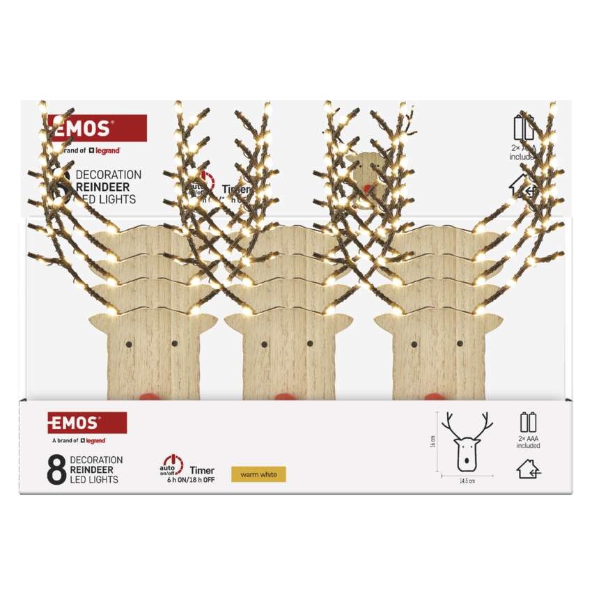 LED dekoratyvinis medinis – elnias, 16 cm, 2x AAA, vidinis, šilta balta šviesa, laikmatis