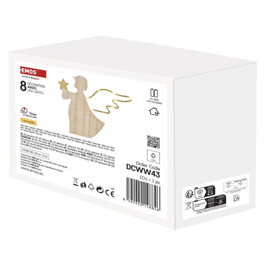 LED dekoráció, fa -angyal, 13 cm, 2x AAA, beltéri, meleg fehér, időzítő