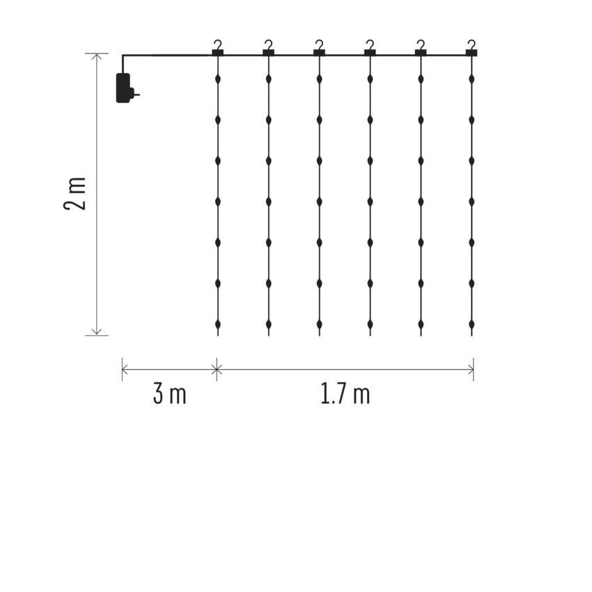 LED karácsonyi drop fényfüzér – fényfüggöny, 1,7x2 m, kültéri és beltéri, meleg fehér, pr.