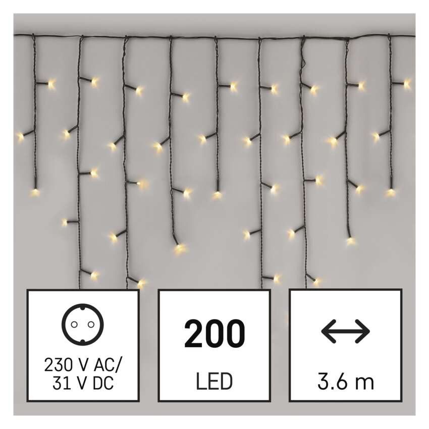 LED vianočné cencúle, 3,6 m, vonkajšie aj vnútorné, teplá biela, programy