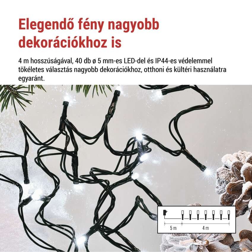 LED karácsonyi fényfüzér, 4 m, kültéri és beltéri, hideg fehér, progr, időz.
