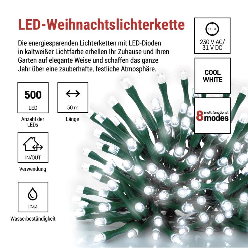 LED Weihnachtliche Lichterkette, 50 m, Außen/Innen, kaltweiß, Programme,  Timer
