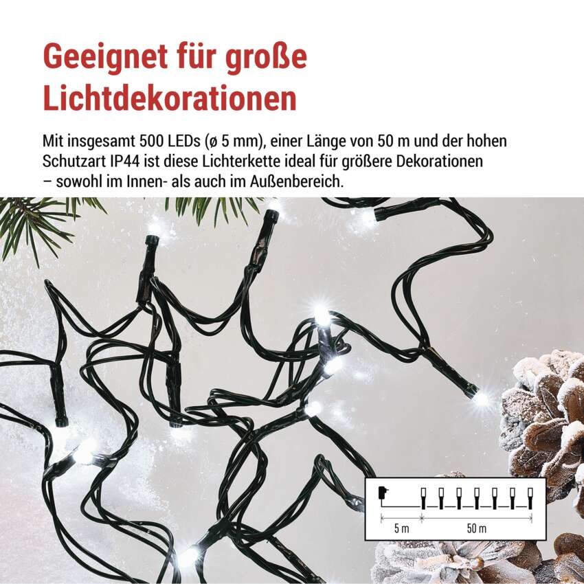 LED Weihnachtliche Lichterkette, 50 m, Außen/Innen, kaltweiß, Programme,  Timer