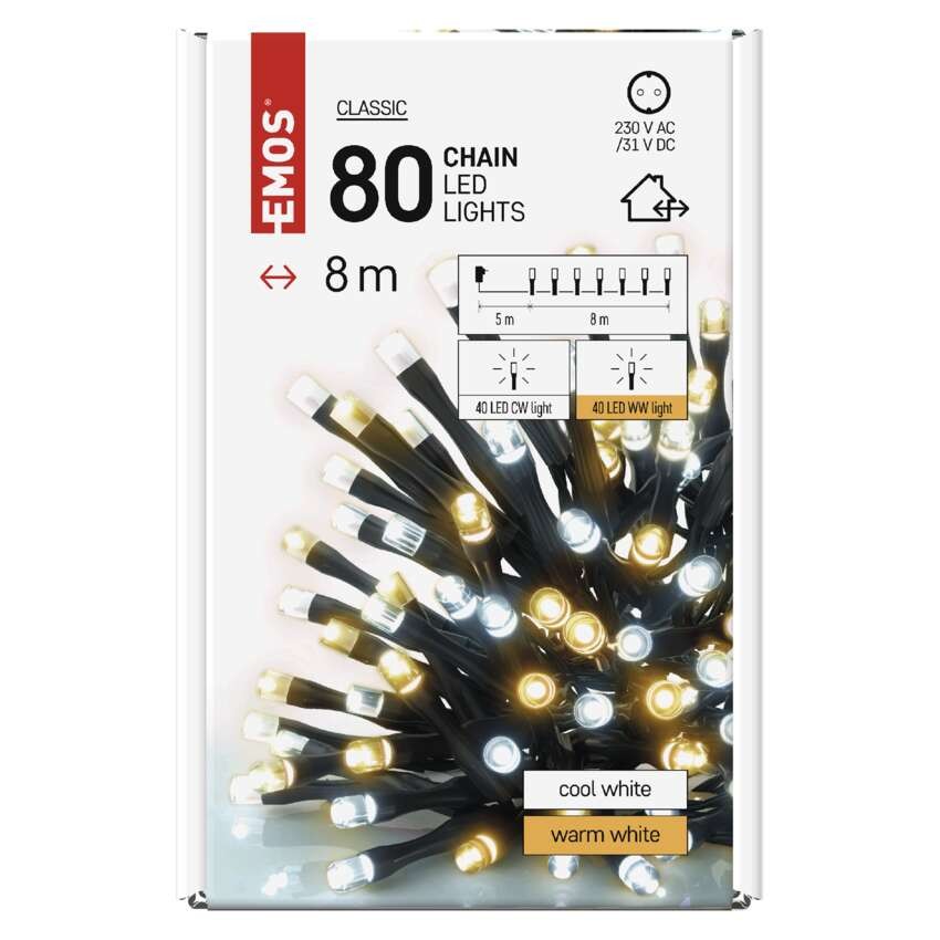 LED kalėdinė girlianda, 8 m, lauko ir vidaus, šiltai / šaltai balta, laikmatis