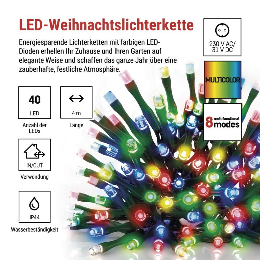 LED Weihnachtliche Lichterkette, 4 m, Außen/Innen, Multicolor, Programme, Timer