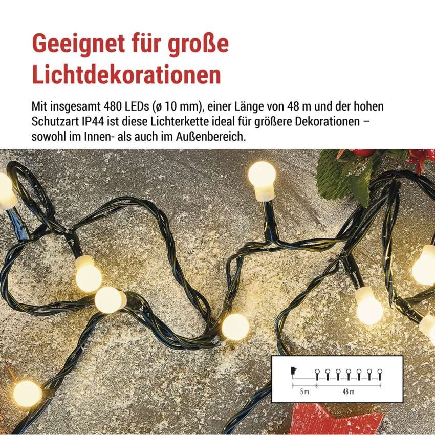 LED Weihnachtslichterkette Cherry – Kugeln, 48 m, Außen und Innen,warmweiß,Programme,Timer