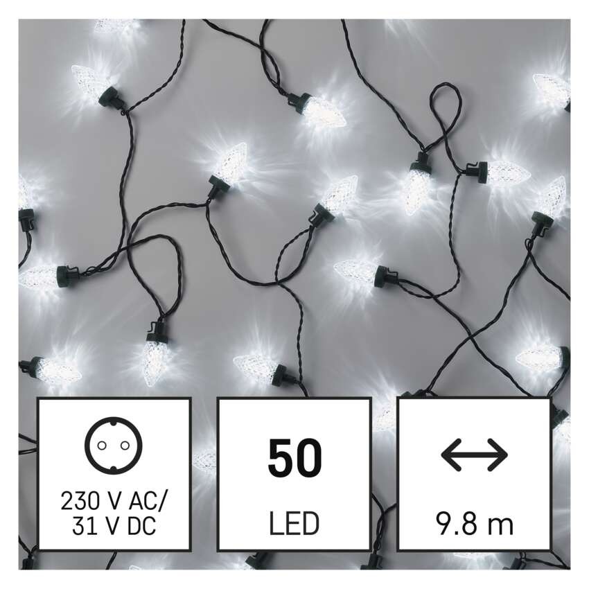 LED kalėdinė girlianda – kūgiai, 9,8 m, lauko ir vidaus, šaltai balta, 8 režimai