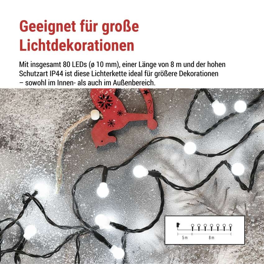 LED Weihnachtslichterkette Cherry – Kugeln, 8 m, Außen und Innen, kaltweiß,Programme,Timer