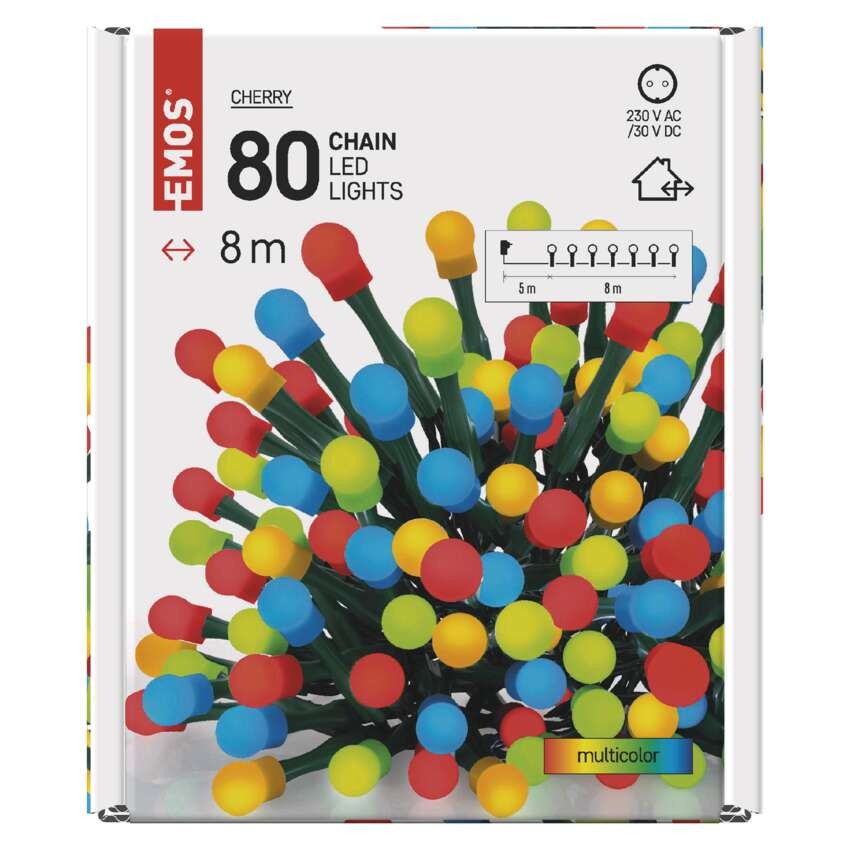 LED vianočná cherry reťaz – guličky, 8 m, vonkajšia aj vnútorná, multicolor, časovač