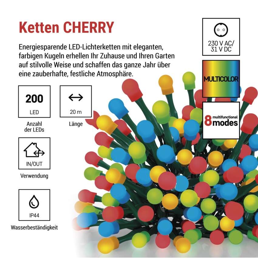 LED Weihnachtslichterkette Cherry–Kugeln,20 m, Außen und Innen,Multicolor,Programme,Timer