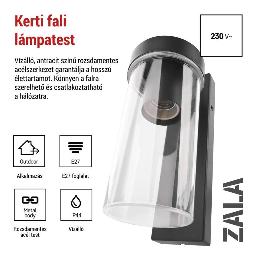 Kerti fali lámpa ZALA,  12,8 × 8,0 × 23,0 cm, 1 × E27, 15 W