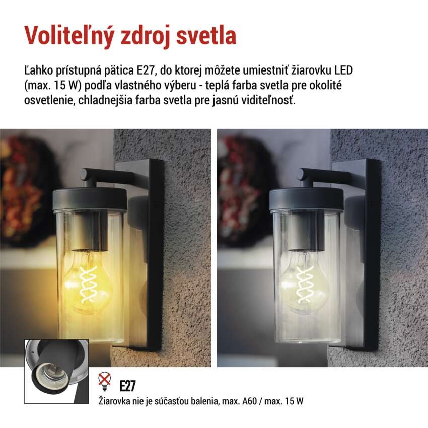 Záhradné nástenné svietidlo ZALA,  12,8 × 8,0 × 23,0 cm, 1 × E27, 15 W
