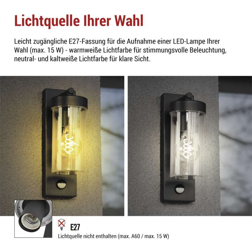 Garten-Wandleuchte ZALA mit Dämmerungssensor, 12,8 × 8 × 28 cm, 1 × E27, 15 W