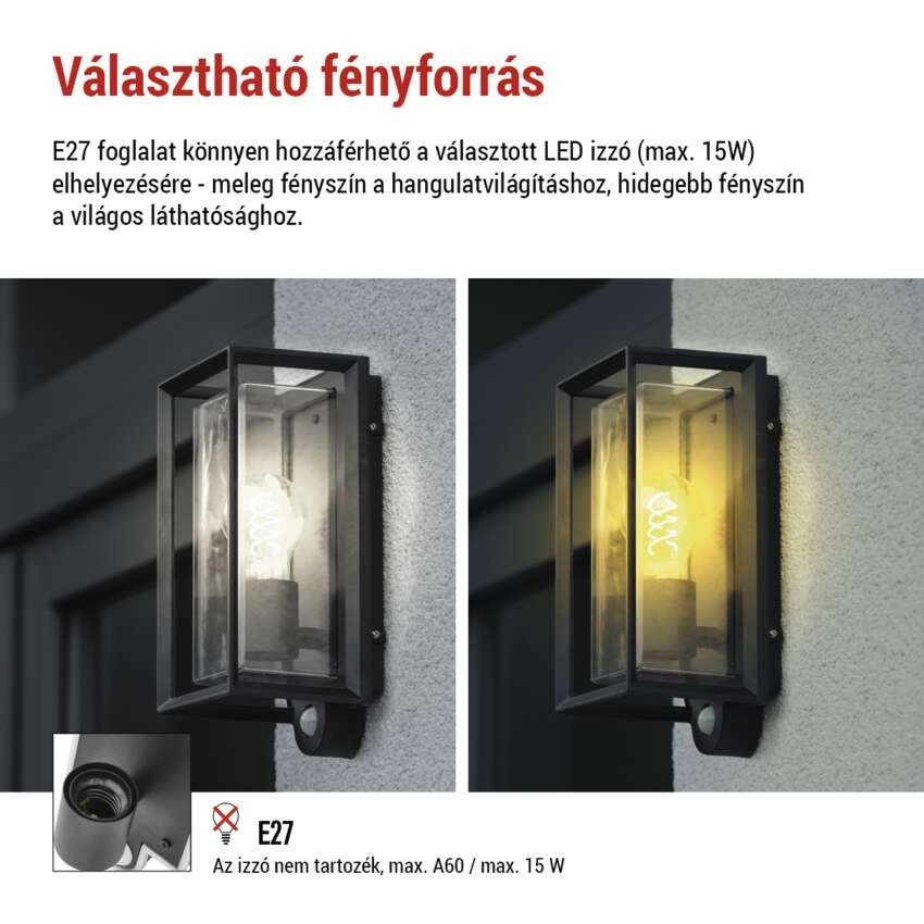 Kerti fali lámpa MALVA szürkületérzékelővel, 13 x 12,5 x 28 cm, 1 x E27, 15 W