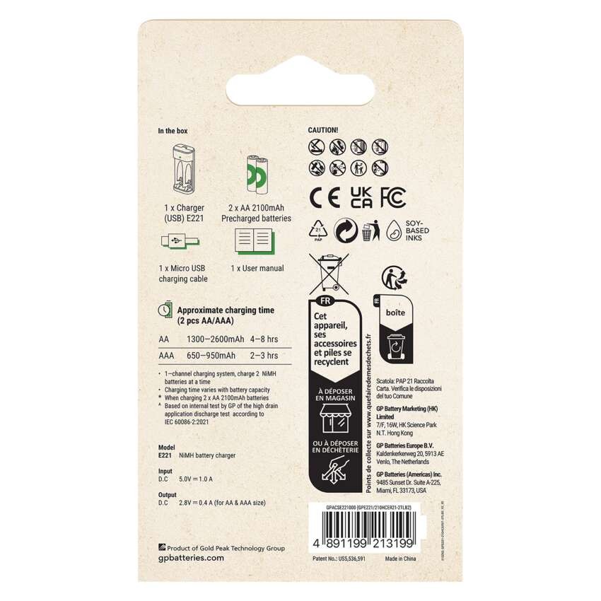 GP polnilec baterij Eco E221 + 2× AA GP ReCyko 2100