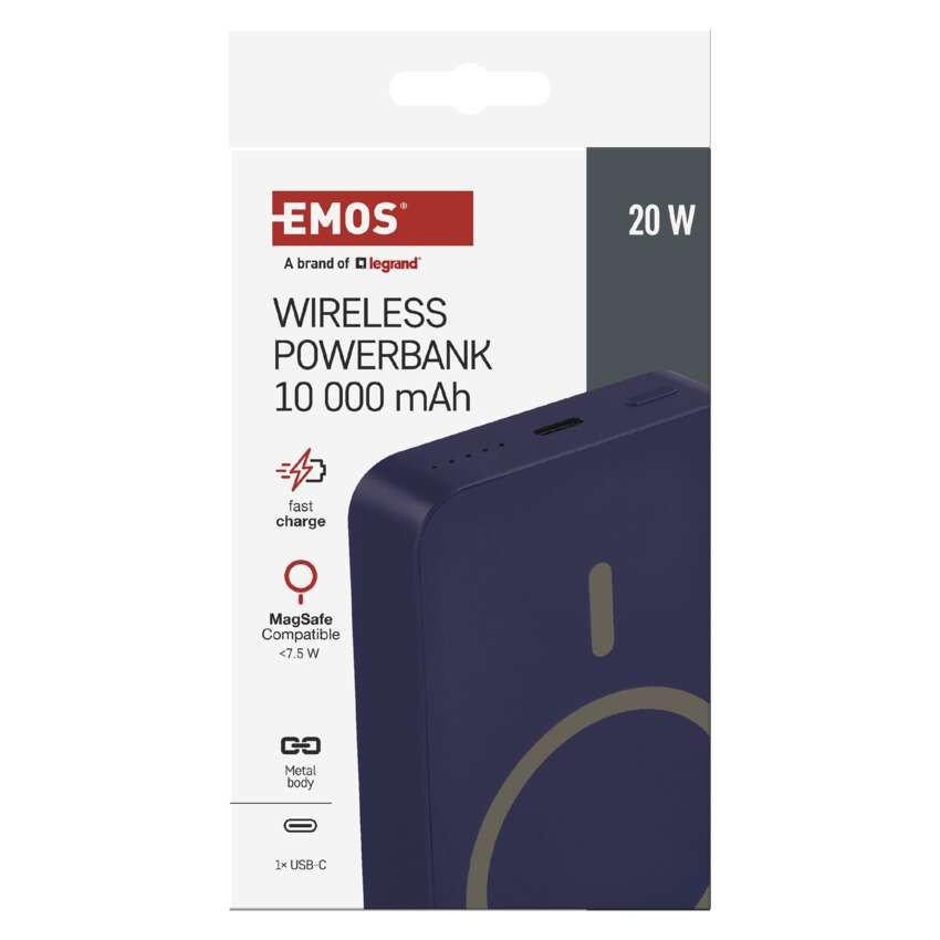 Powerbanka EMOS WI 1046, 10 000 mAh, 20 W+Wireless, modrá