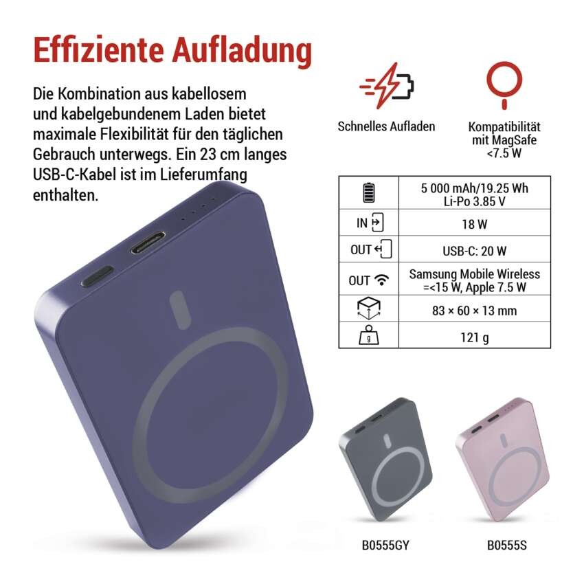 Powerbank EMOS WI 522, 5 000 mAh, 20 W+Wireless, blau