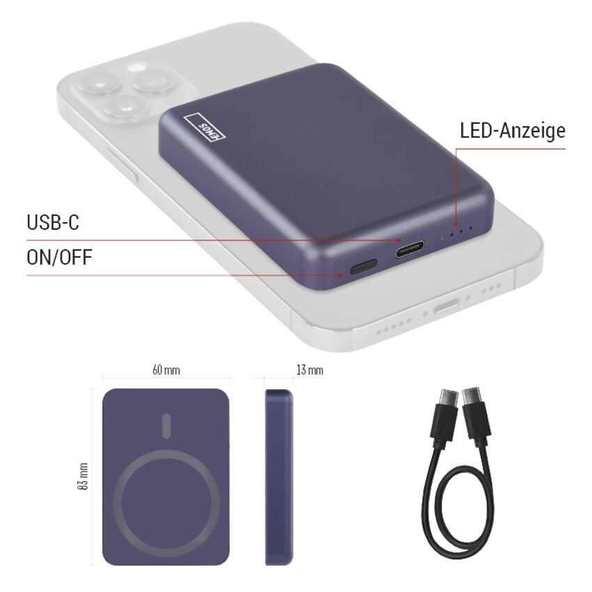 Powerbank EMOS WI 522, 5 000 mAh, 20 W+Wireless, blau