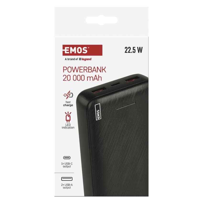 Powerbank EMOS AlphaQ3, 20 000 mAh, 22,5 W, czarny