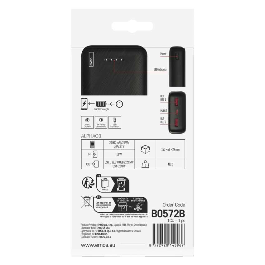 Powerbank EMOS AlphaQ3, 20 000 mAh, 22,5 W, czarny