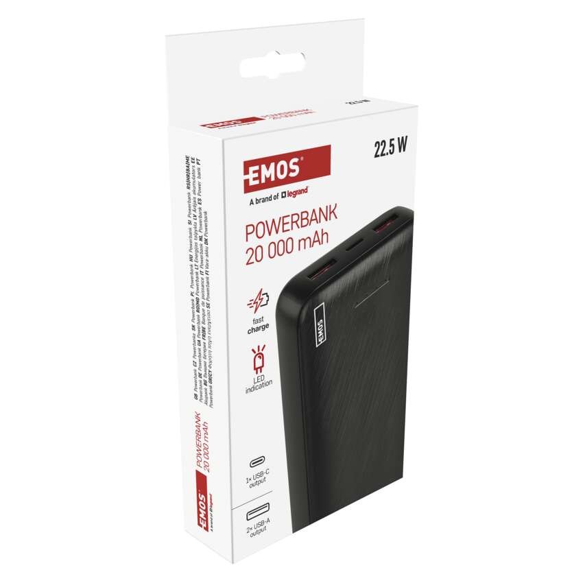 Powerbank EMOS AlphaQ3, 20 000 mAh, 22,5 W, czarny