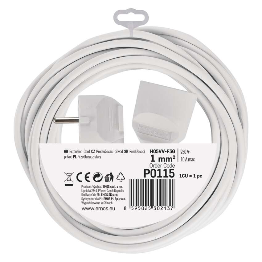 Predlžovací kábel 5 m / 1 zásuvka / biely / PVC / 1 mm2