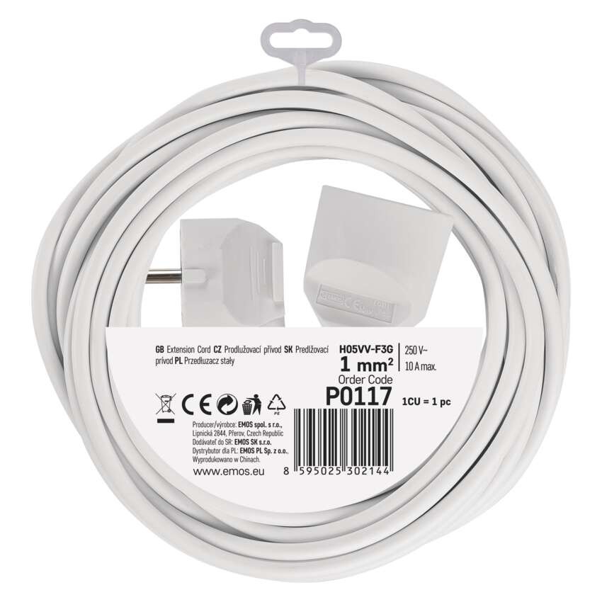 Predlžovací kábel 7 m / 1 zásuvka / biely / PVC / 1 mm2