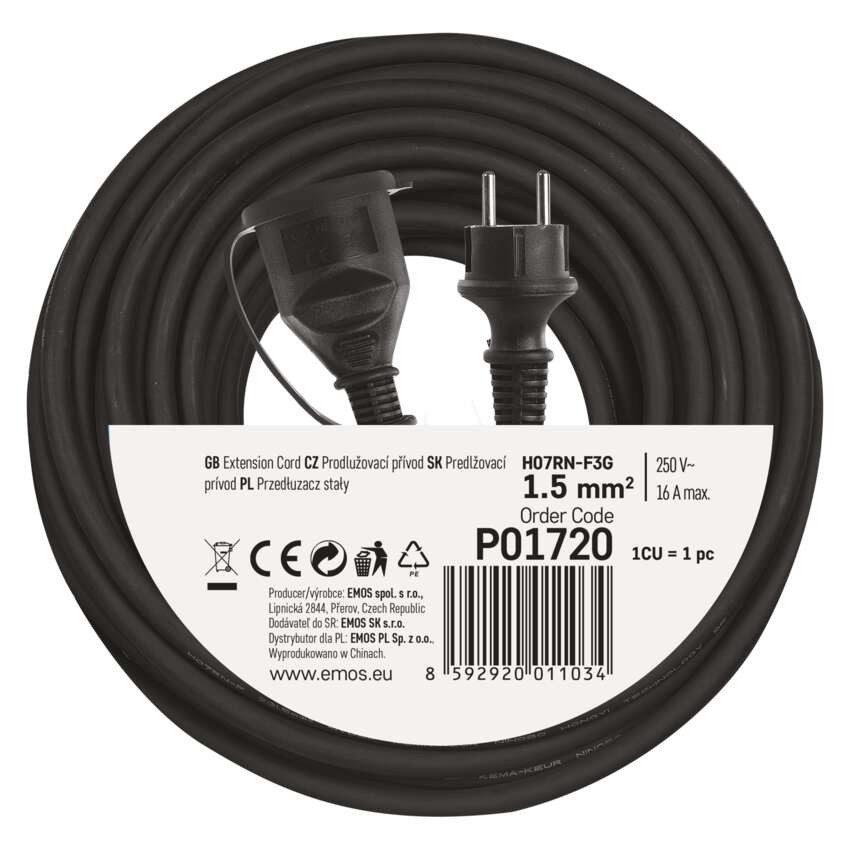 Vonkajší predlžovací kábel 20 m / 1 zásuvka / čierny / guma-neoprén / 230 V / 1,5 mm2