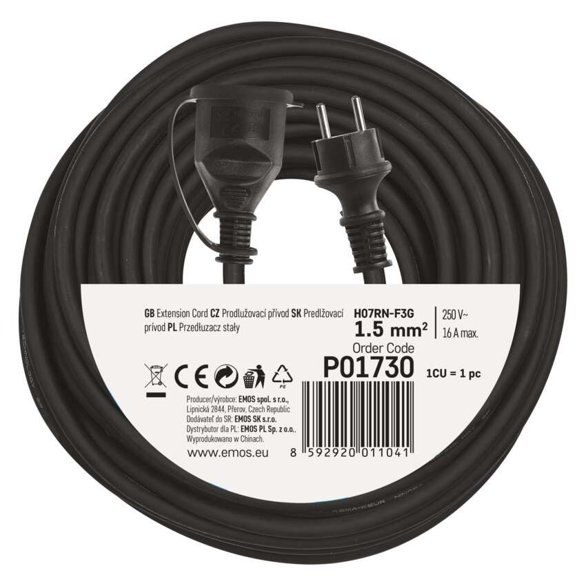 Vonkajší predlžovací kábel 30 m / 1 zásuvka / čierny / guma-neoprén / 230 V / 1,5 mm2